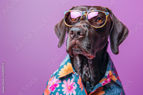 German Shorthaired Pointer wearing clothes and sunglasses on Purple background © Ricardo Costa