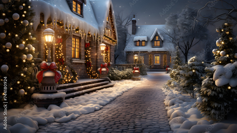 Fototapeta premium christmas house with decorations in the winter street in the evening