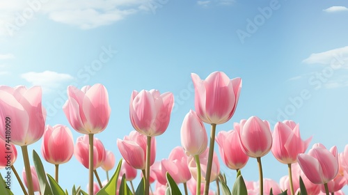 Spring flowers banner - bunch of pink tulip flowers on blue sky background