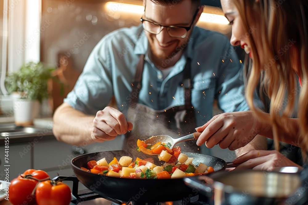 A couple dressed in casual clothing are seen cooking a delicious meal together in the comfort of their indoor kitchen, using a wok and frying pan to prepare a variety of fresh vegetables and juicy to A couple dressed in casual clothing are seen cooking a delicious meal together in the comfort of their indoor kitchen, using a wok and frying pan to prepare a variety of fresh vegetables and juicy to
