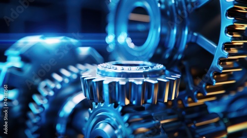 Industrial-style commercial imagery featuring large gears against a blue-lit background, suggesting engineering and industrial materials. 