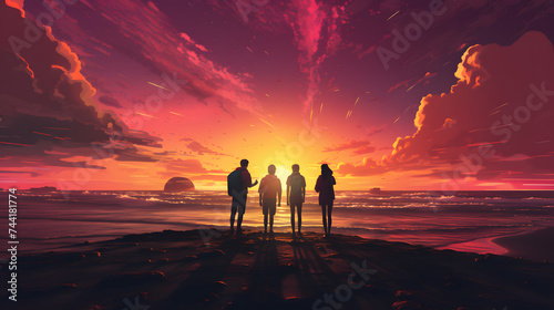 group of friends standing together in front of sunset at the beach