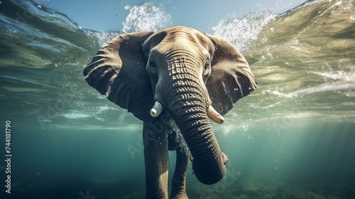 Swimming Elephant Underwater. African elephant in ocean with sunrays and ripples at water surface photo