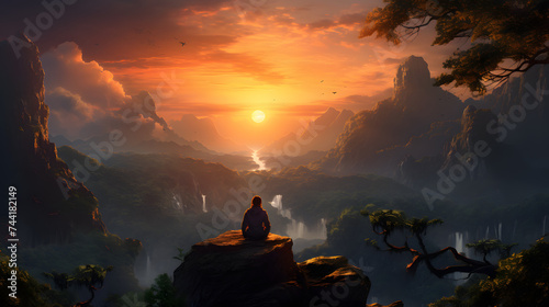meditation practiced by a man meditating at sunset over mountains