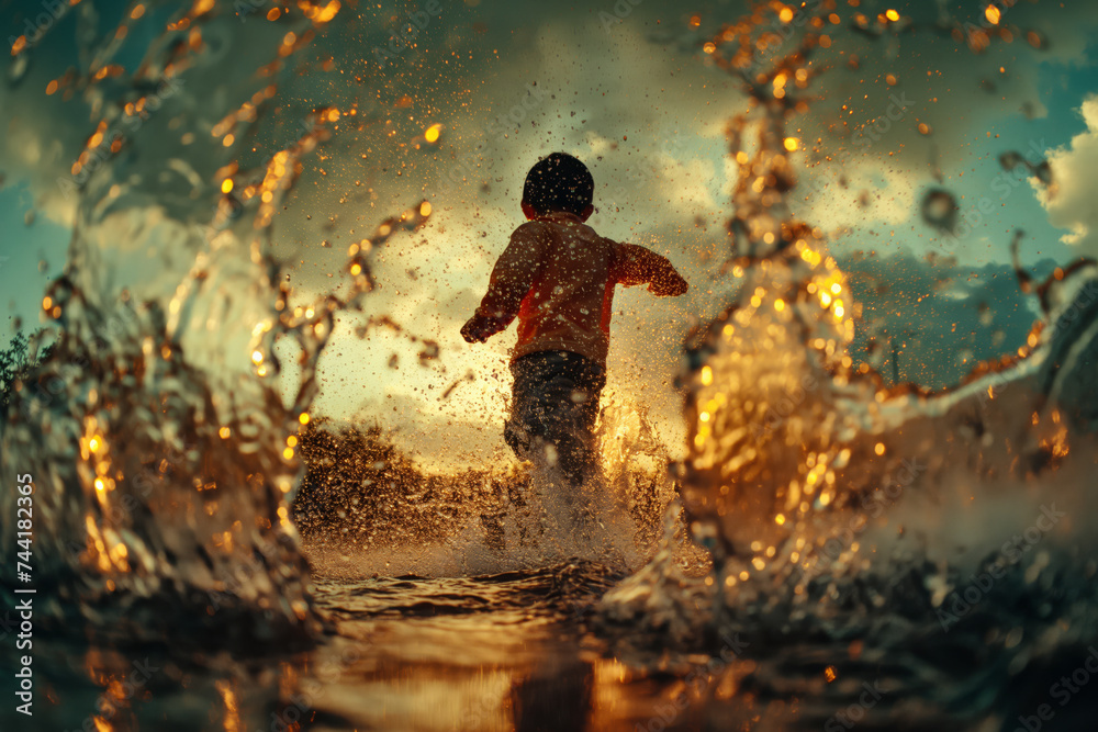 A child joyously jumping in puddles, their laughter and splashes a dance with nature's rhythms.