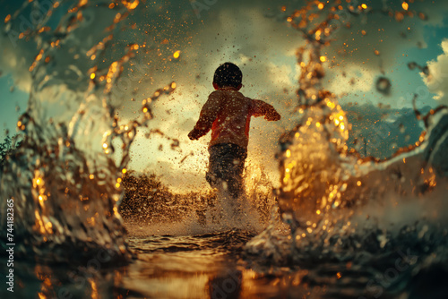 A child joyously jumping in puddles, their laughter and splashes a dance with nature's rhythms. © maxwellmonty