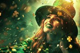 Saint Patrick's Day: Woman with a green hat, golden clovers falling from the sky