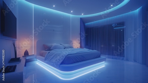Futuristic innovation transforms the interior room with the smart bedroom concept. 