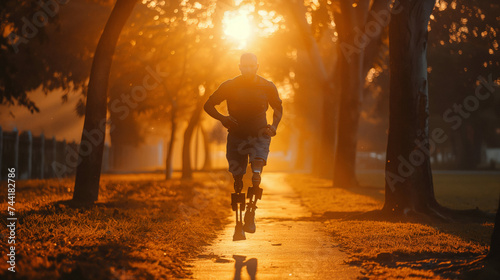 An individual with a prosthetic limb jogging in a park during sunrise  showcasing strength and determination.