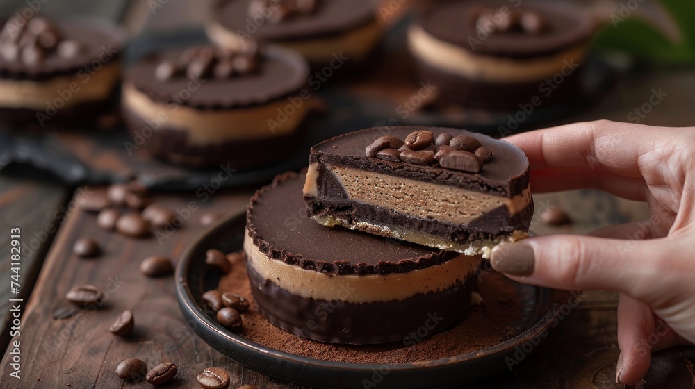 Half of a bite-sized chocolate pie with cappuccino flavor in a woman's hand on a wooden table with coffee beans Half of a bite-sized chocolate pie with cappuccino flavor in a woman's hand on a wooden table with coffee beans