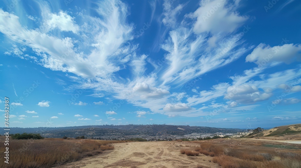 Landscape at eye level with a blue sky, featuring a horizon line and scattered clouds