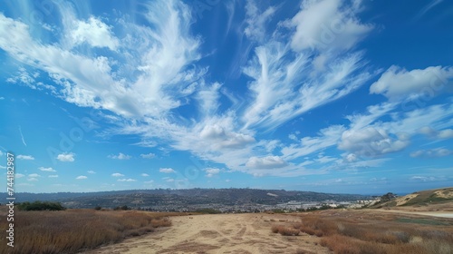 Landscape at eye level with a blue sky, featuring a horizon line and scattered clouds