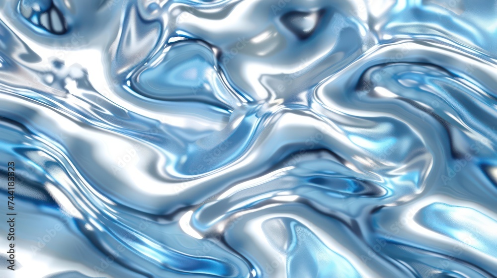 Fototapeta premium Realistic holographic liquid design featuring light blue chrome waves in the background