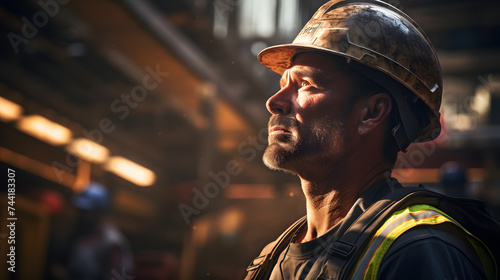 a construction worker looking at his work load with a headgear photo