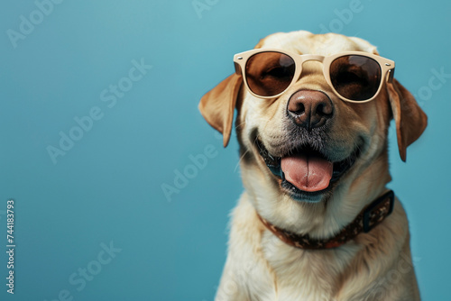 Labrador Retriever wearing clothes and sunglasses on Blue background