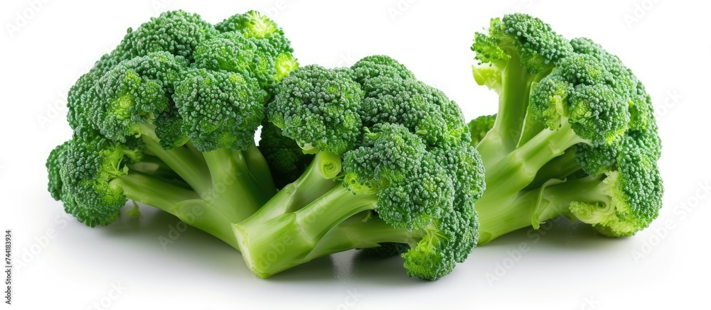 A detailed view of a single broccoli head captured against a clean, white background. A detailed view of a single broccoli head captured against a clean, white background.