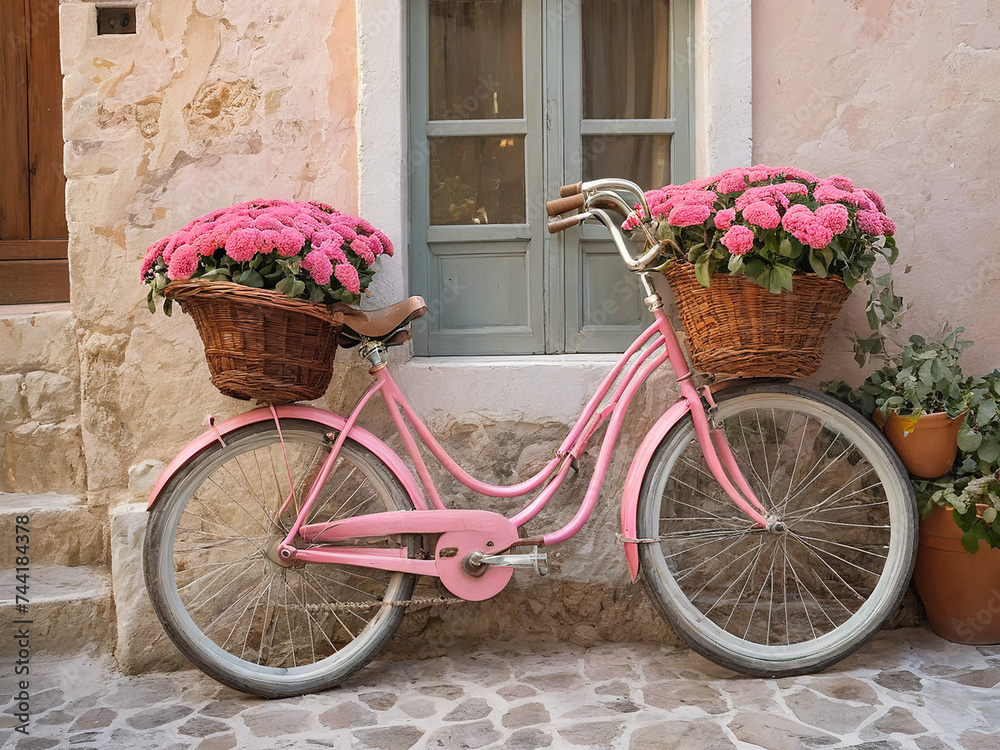 Pink Bicycle with Flower Basket in a Mediterranean setting - generated by ai