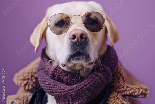 Labrador Retriever wearing clothes and sunglasses on Purple background