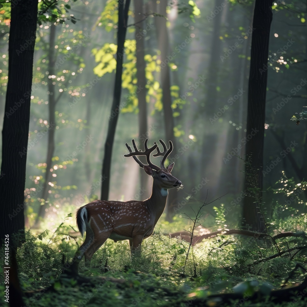 whitetail buck in a forest, between trees and morning dew / fog Stock ...
