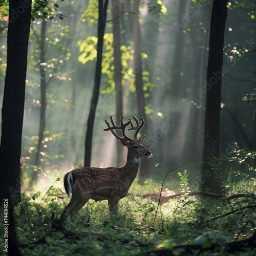 whitetail buck in a forest, between trees and morning dew / fog photo