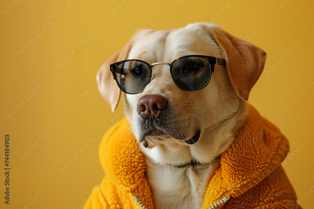 Labrador Retriever wearing clothes and sunglasses on Yellow background