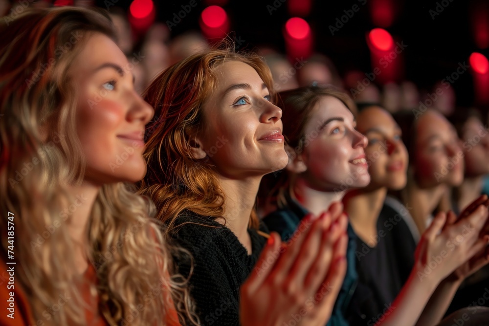 A smiling woman in vibrant clothing joins the indoor crowd, her face radiating joy as she claps along to the lively music at the event A smiling woman in vibrant clothing joins the indoor crowd, her face radiating joy as she claps along to the lively music at the event