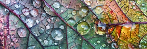 Macro shot of colorful plant with dew drops in detail