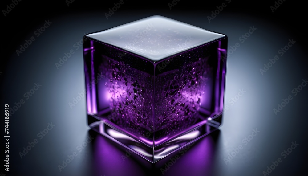 Purple glass cube isolated on dark background, geometrical pattern 