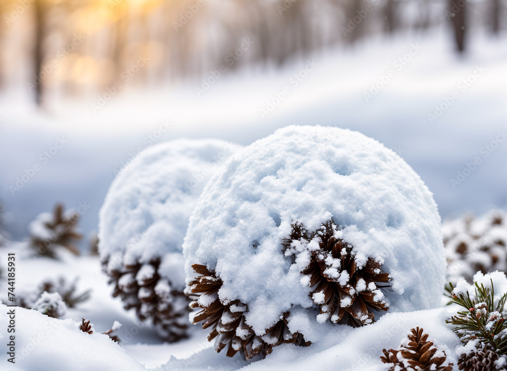 Close-up of pine cones on the snow. Generative AI