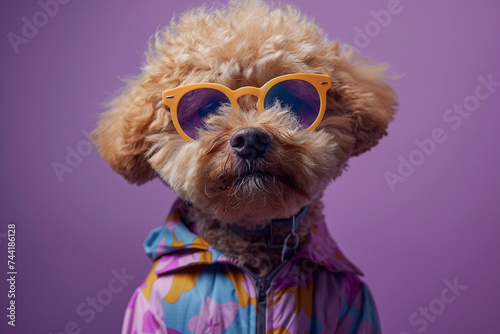 Poodle wearing clothes and sunglasses on Purple background © Ricardo Costa