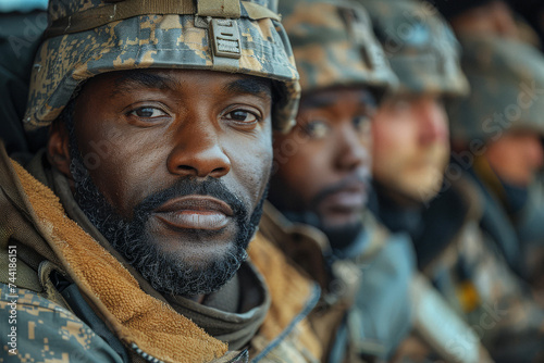 A group of veterans in uniform at a community center, sharing stories of service, blending tales of bravery with laughter and camaraderie.