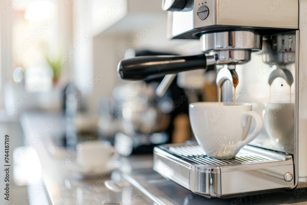 A modern espresso machine brewing fresh coffee in a bright, cozy kitchen.