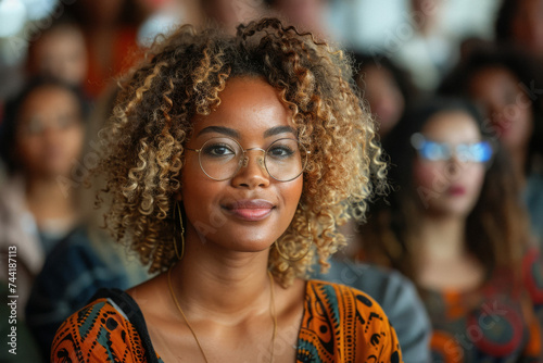 A body-positive advocate speaking at a community event photo