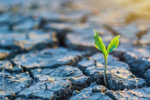 A vibrant green sprout emerging from dry cracked earth, symbolizing hope and resilience.