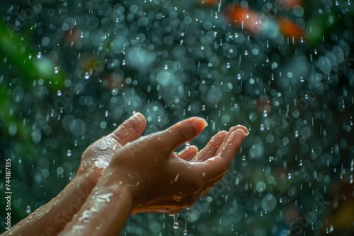 A human hand extended out to catch raindrops in a refreshing and serene outdoor setting.