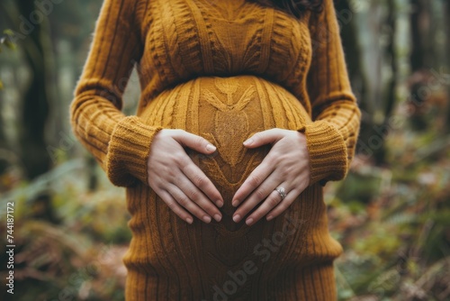 A pregnant person in a serene forest setting, hands forming a heart shape on their belly.