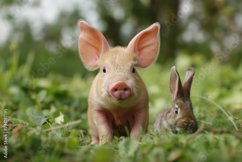Wallpaper Mural A piglet and a rabbit side by side on a grassy field, looking directly at the camera. Torontodigital.ca