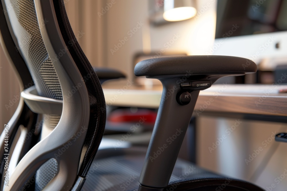 A close-up of an ergonomic office chair in a modern, well-lit workspace.