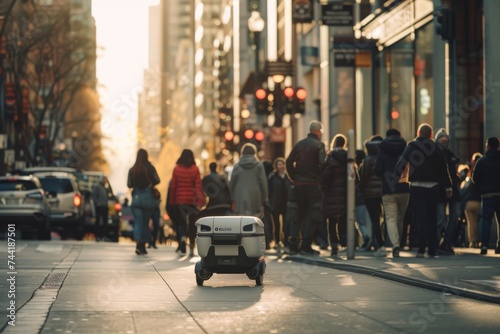 A delivery robot navigating a busy city sidewalk at sunset.