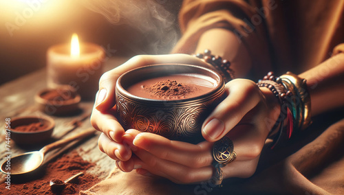 Hands of a white girl gently holding a cup of pure organic ceremonial cacao drink. Alternative medicine and healthy life concept.