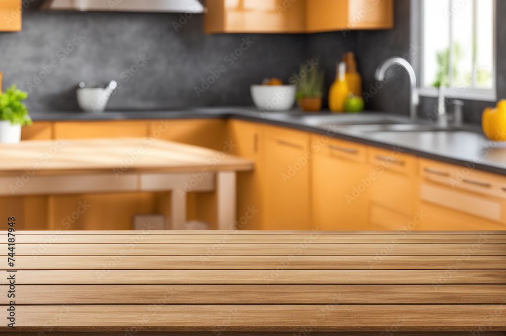 Empty Wooden Table with Kitchen Blurred Background Empty Wooden Table with Kitchen Blurred Background