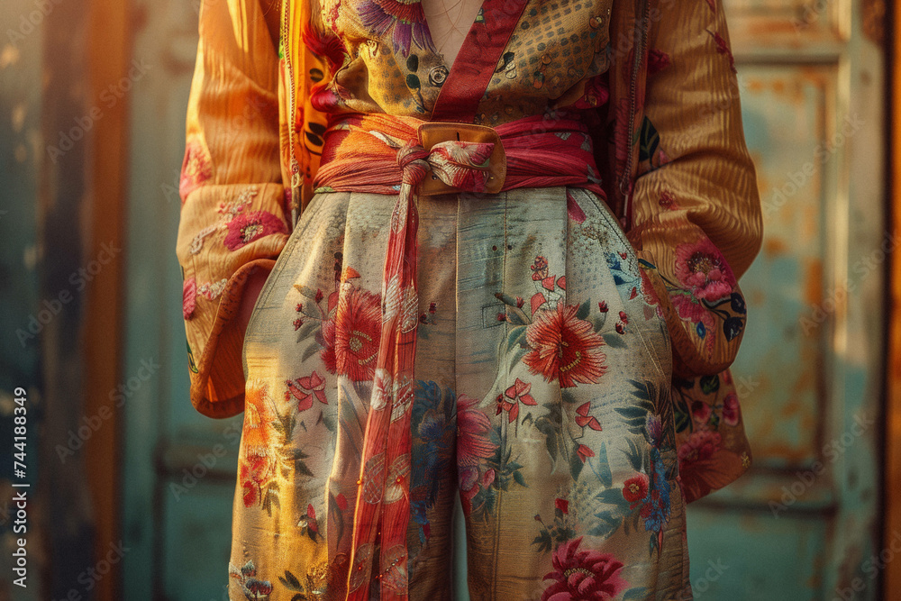 A person wearing clothing that blends traditional gender-specific attire, emphasizing fashion and identity exploration.