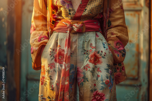 A person wearing clothing that blends traditional gender-specific attire, emphasizing fashion and identity exploration.