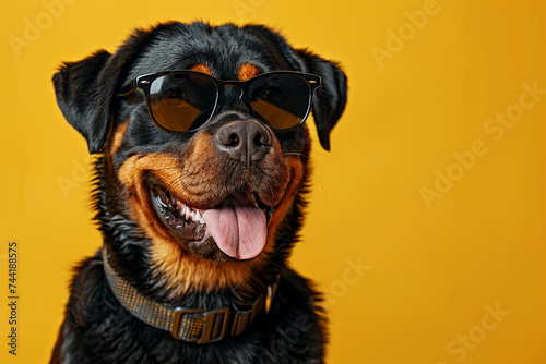 Rottweiler wearing clothes and sunglasses on Yellow background © Ricardo Costa