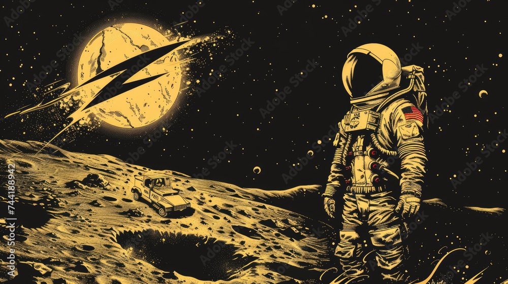 Lunar Adventure: Space Suit & Moon Rover on Rugged Lunar Terrain - obrazy, fototapety, plakaty 