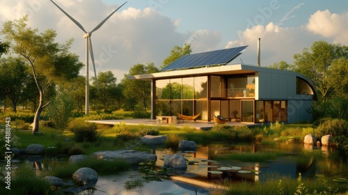 A house surrounded by natural landscape, with solar panels and wind turbines, blending art and sustainability in the modern world. AIG41 © Summit Art Creations