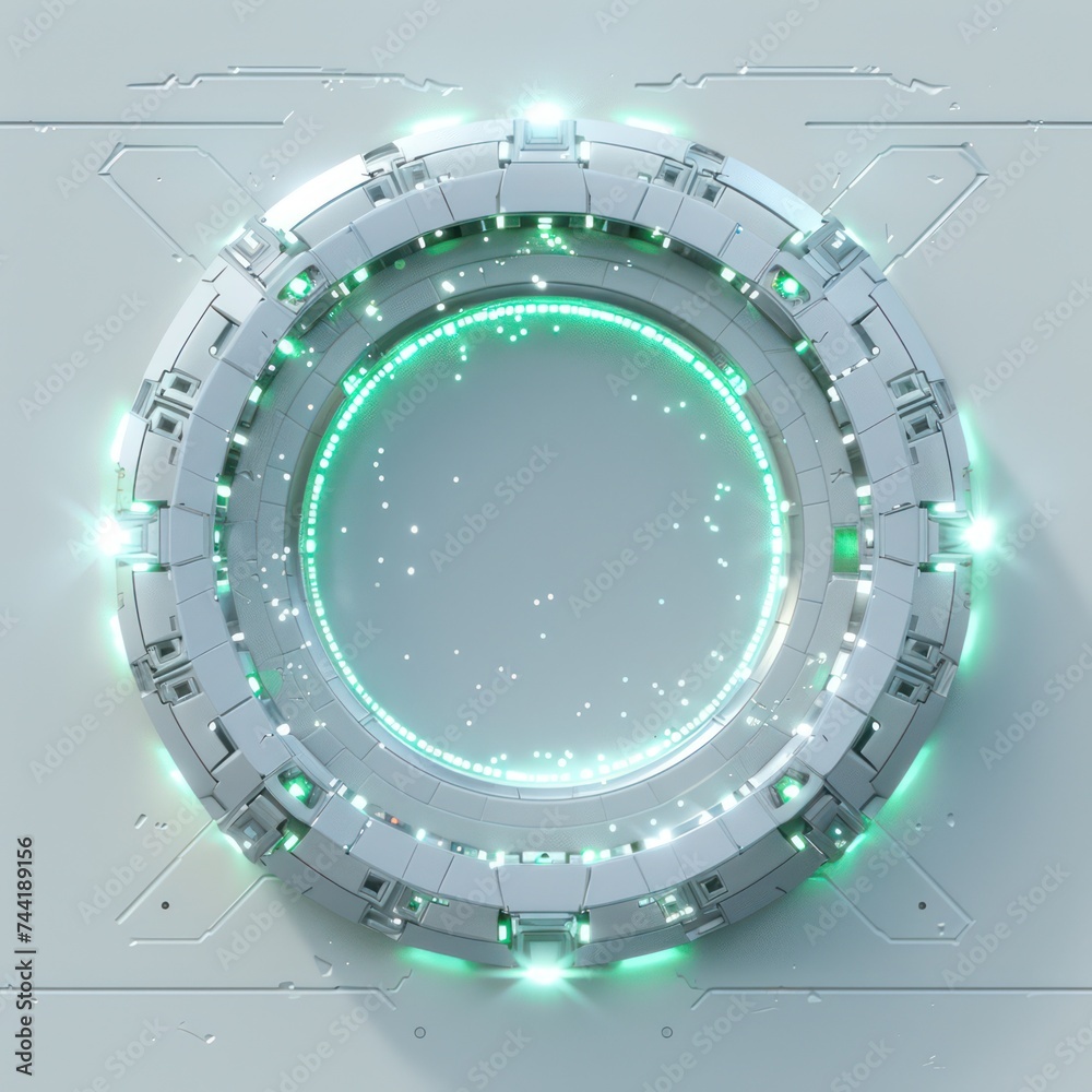 Futuristic circular platform in white metal with a green halo emitting light particles, game assets, on a white background Futuristic circular platform in white metal with a green halo emitting light particles, game assets, on a white background
