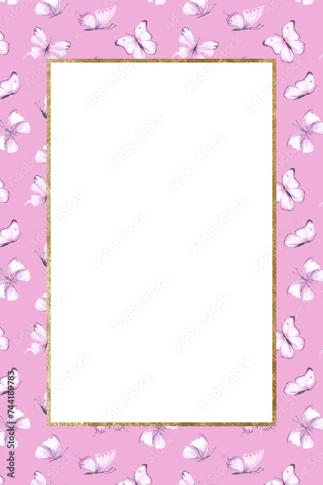 greeting card with pink violet spring and butterflies for your design. watercolor painting hand drawn on pink background. Rectangle design, invitation greeting card with pink violet spring and butterflies for your design. watercolor painting hand drawn on pink background. Rectangle design, invitation