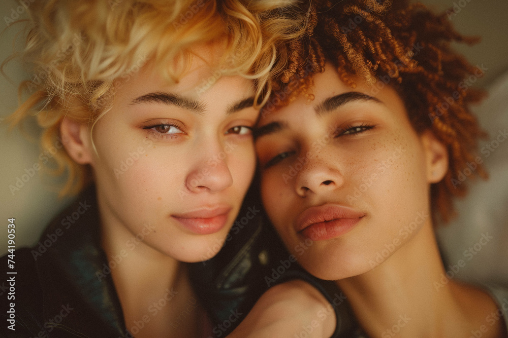 Two people, both expressing non-traditional gender identities, in a loving embrace, highlighting diversity in relationships. Two people, both expressing non-traditional gender identities, in a loving embrace, highlighting diversity in relationships.
