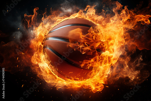  A basketball ball in flames on a black background. Generative Ai